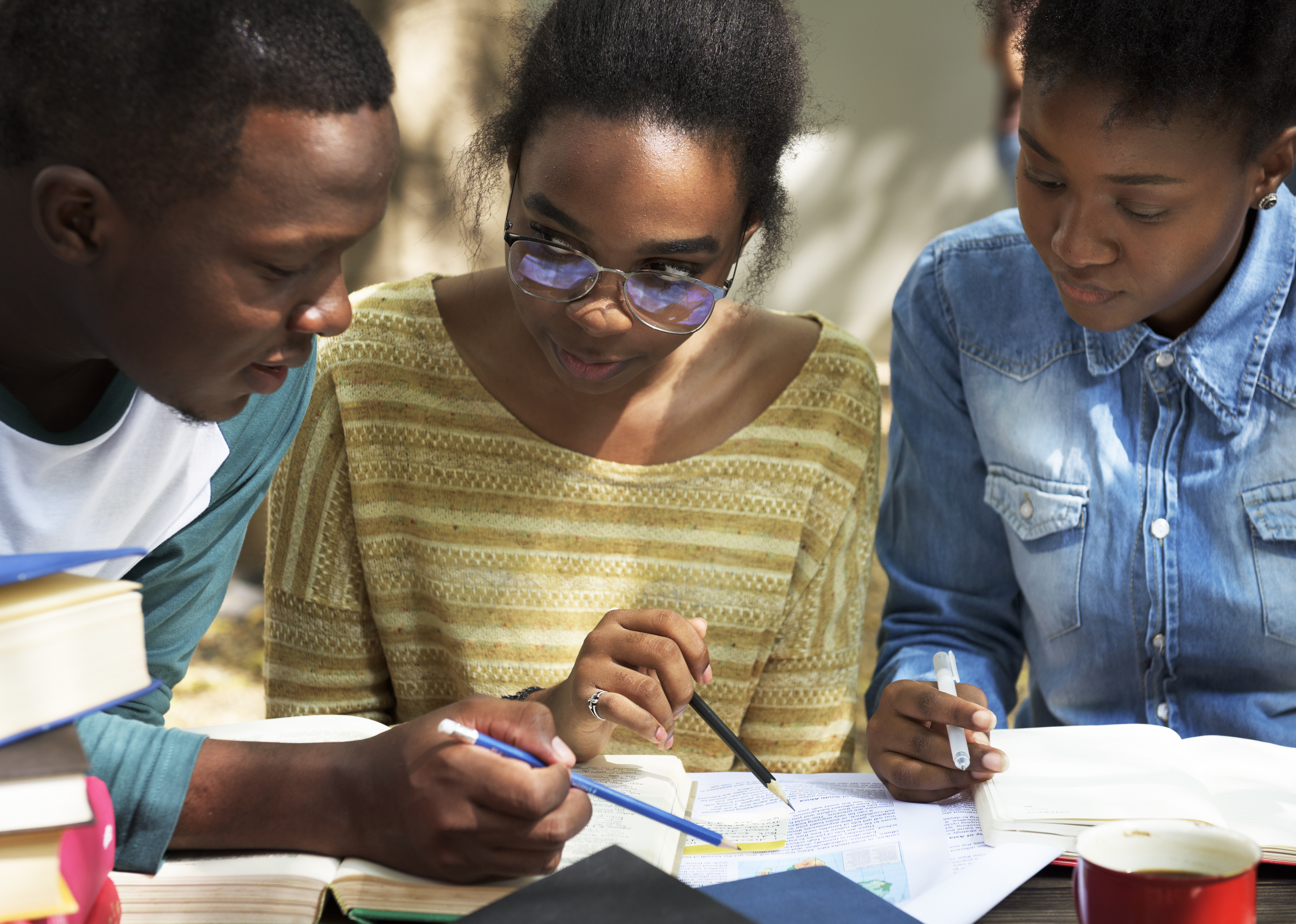Group of students sharing textbooks and notes while studying outdoors together.