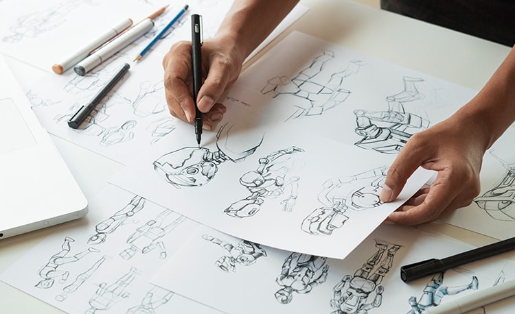 Someone drawing a group of cartoon characters using pencil. 