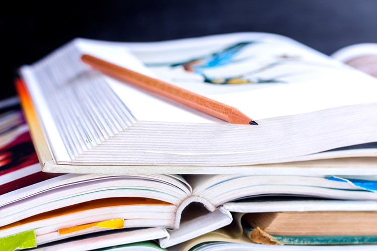 A pencil resting on some open school books.