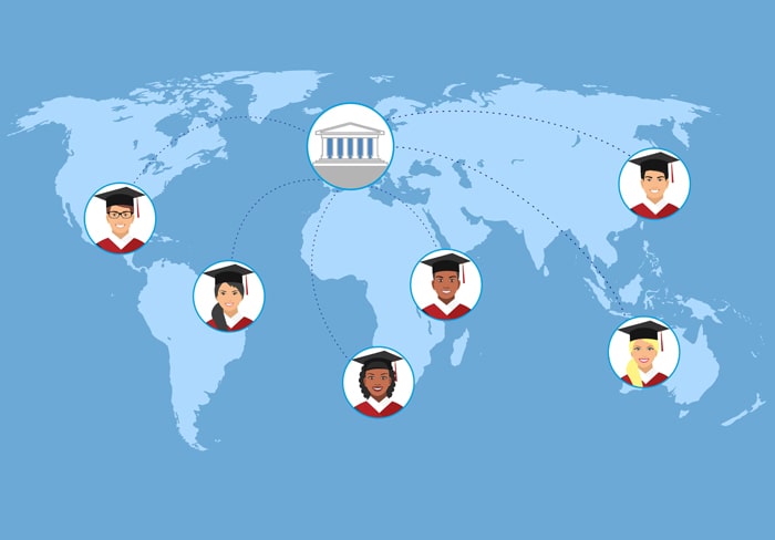 Concept graphic of a UK online school with a global reach, connecting students worldwide to learning and exam centres.