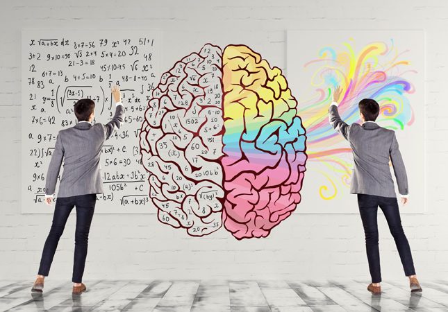 Two people looking at two different styled brain illustrations, highlighting the difference in people.