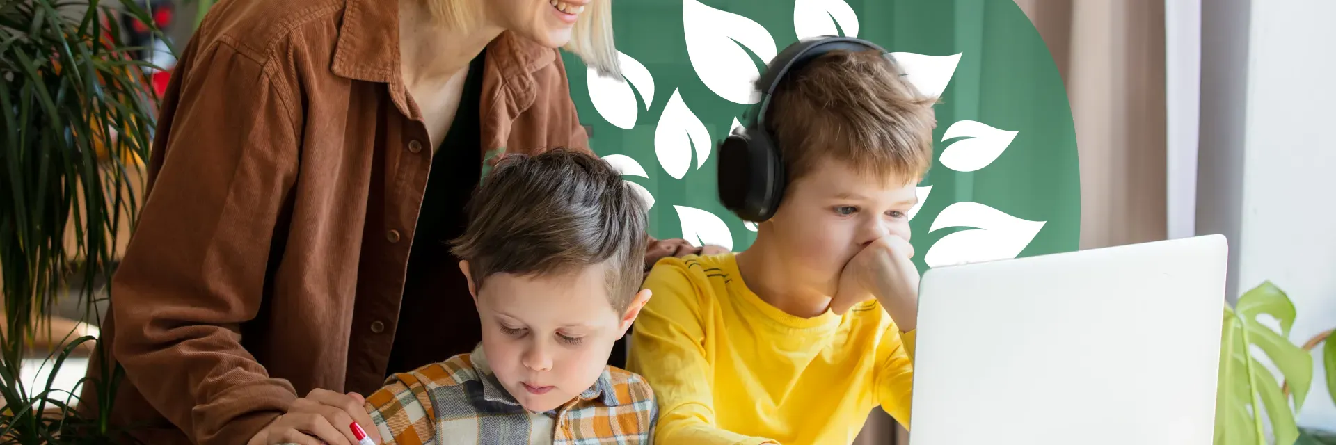 Mother guiding sons during home learning with laptop and written work