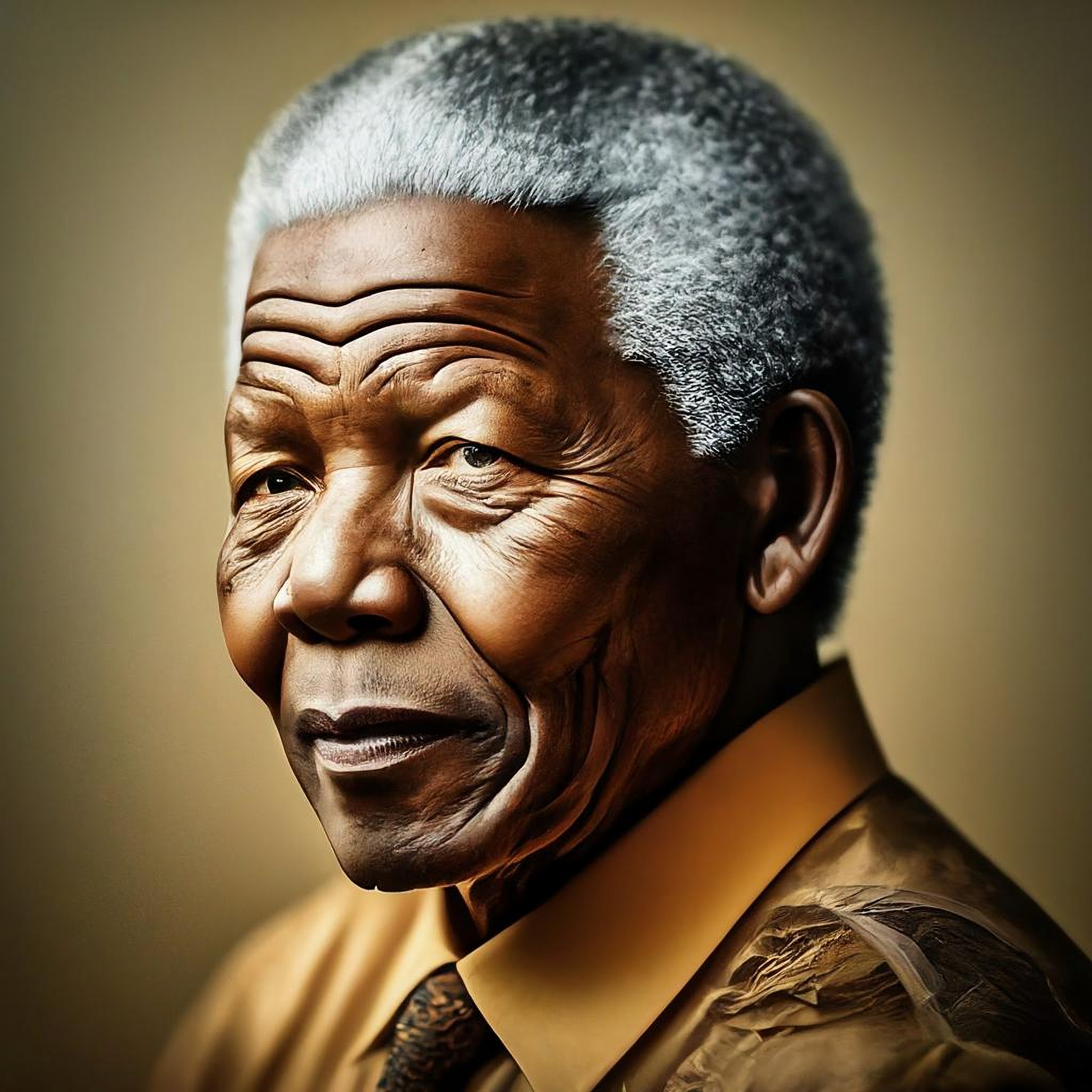 Detailed portrait of Nelson Mandela in a golden shirt with a calm expression.