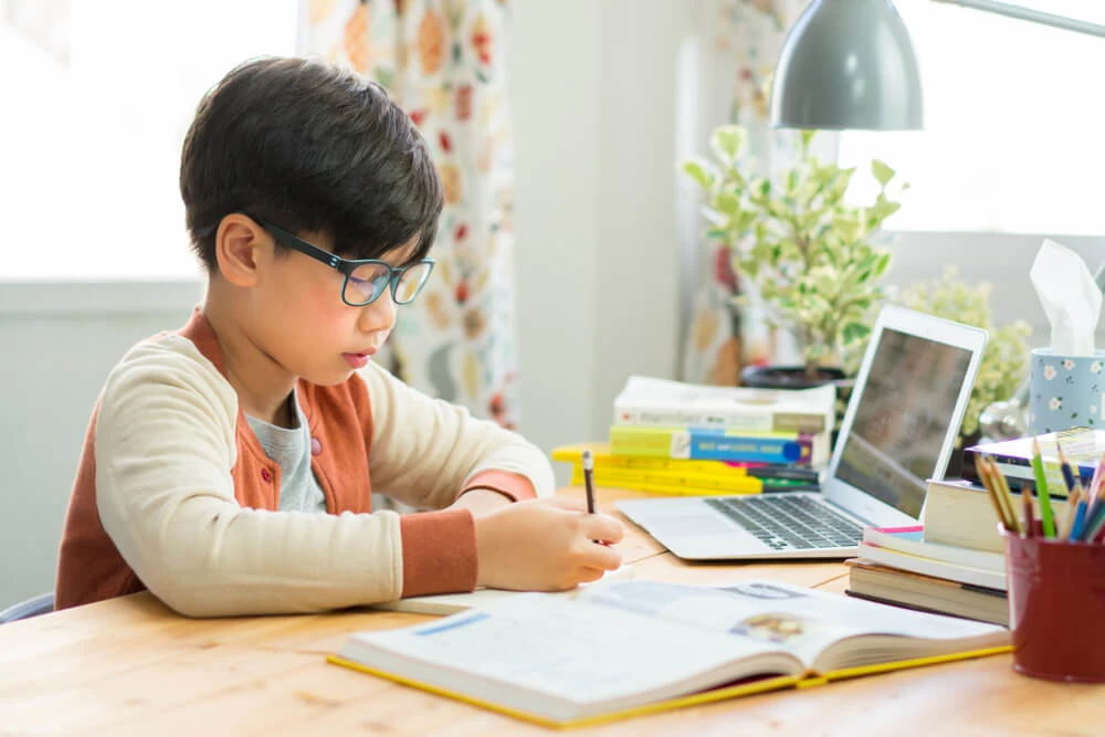 Young male child studying from laptop and making notes.