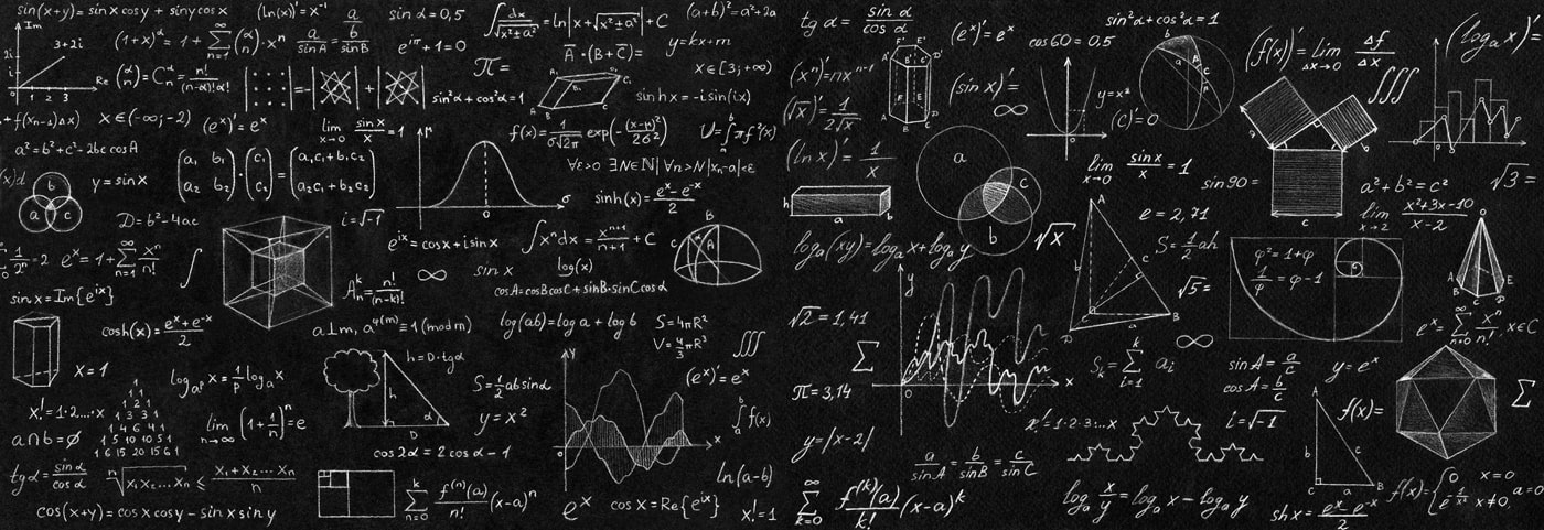A blackboard with a variety of maths equations and symbols written on it. 