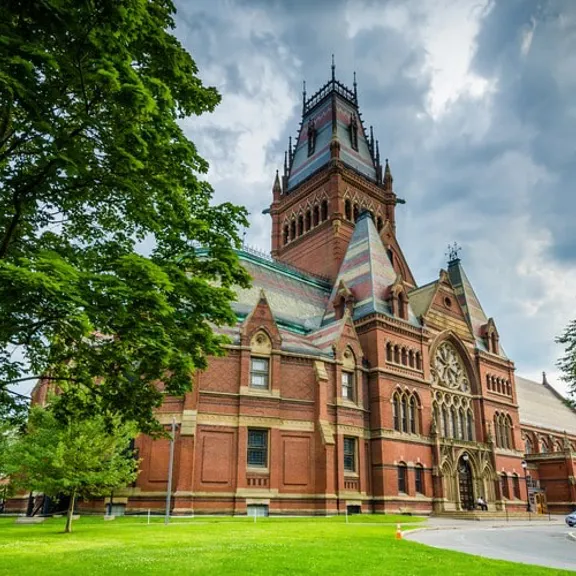 A landscape of Harvard University.