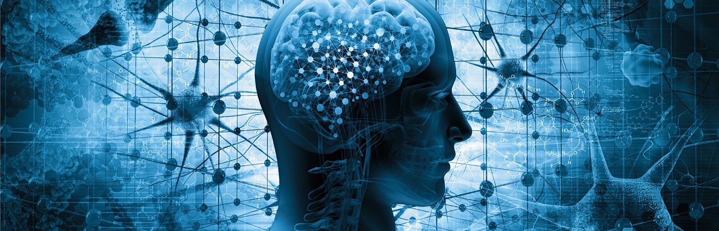 A blue background with a head in the foreground and an illustrated brain inside it. 