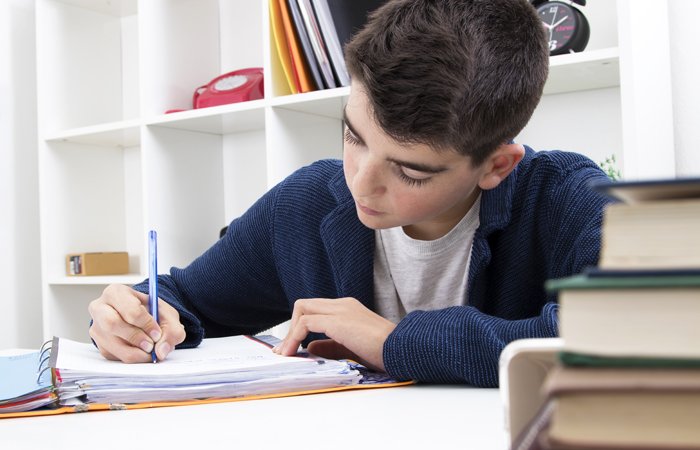 Boy writing notes in a ring binder at a tidy study desk.