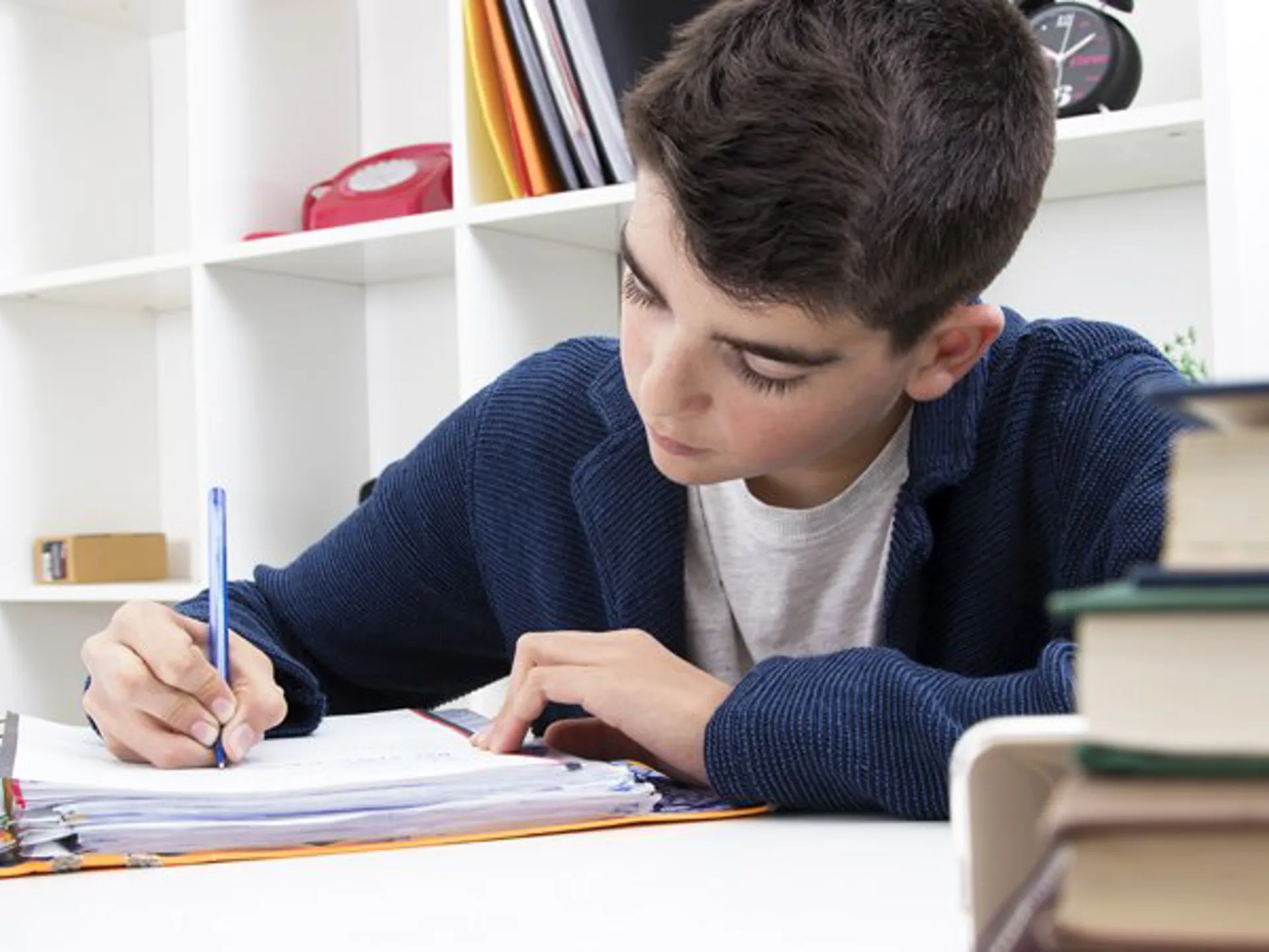 Boy writing notes in a ring binder at a tidy study desk.