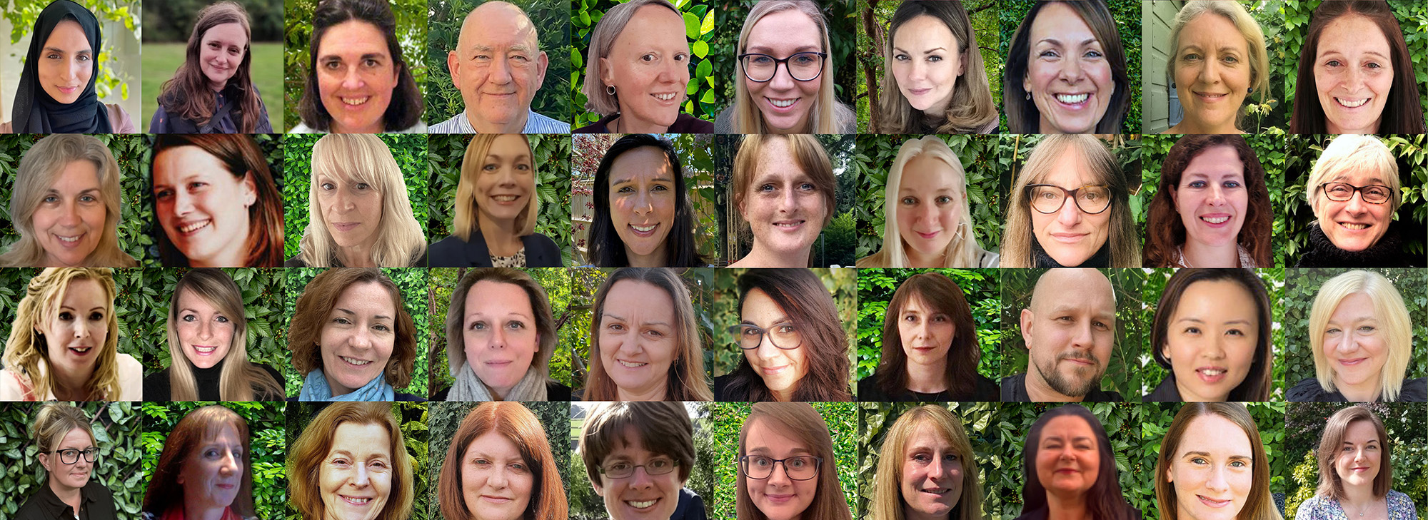 Collage of smiling Wolsey Hall Oxford staff portraits set against leafy green backgrounds.